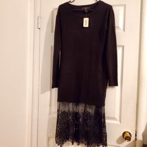 Black midi sweater dress with lace trim